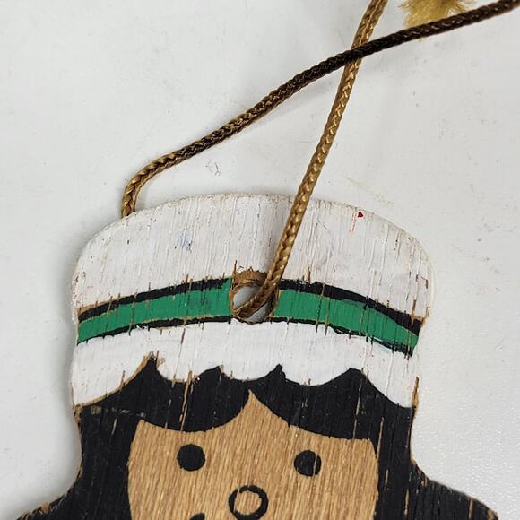 VINTAGE Wooden Girl Christmas Ornament 4" Red Hand Painted Flat Double Side 70s - Picture 3 of 12